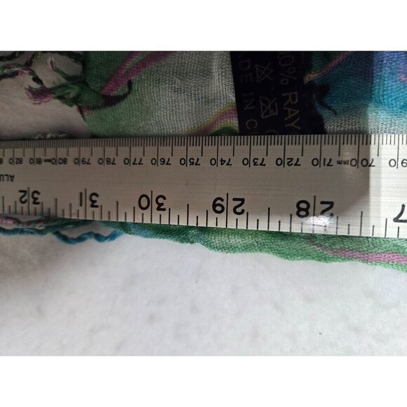 Hand-Painted Rayon Scarf Butterfly & Floral Design Green & Blue 60" x 22" - Picture 5 of 6